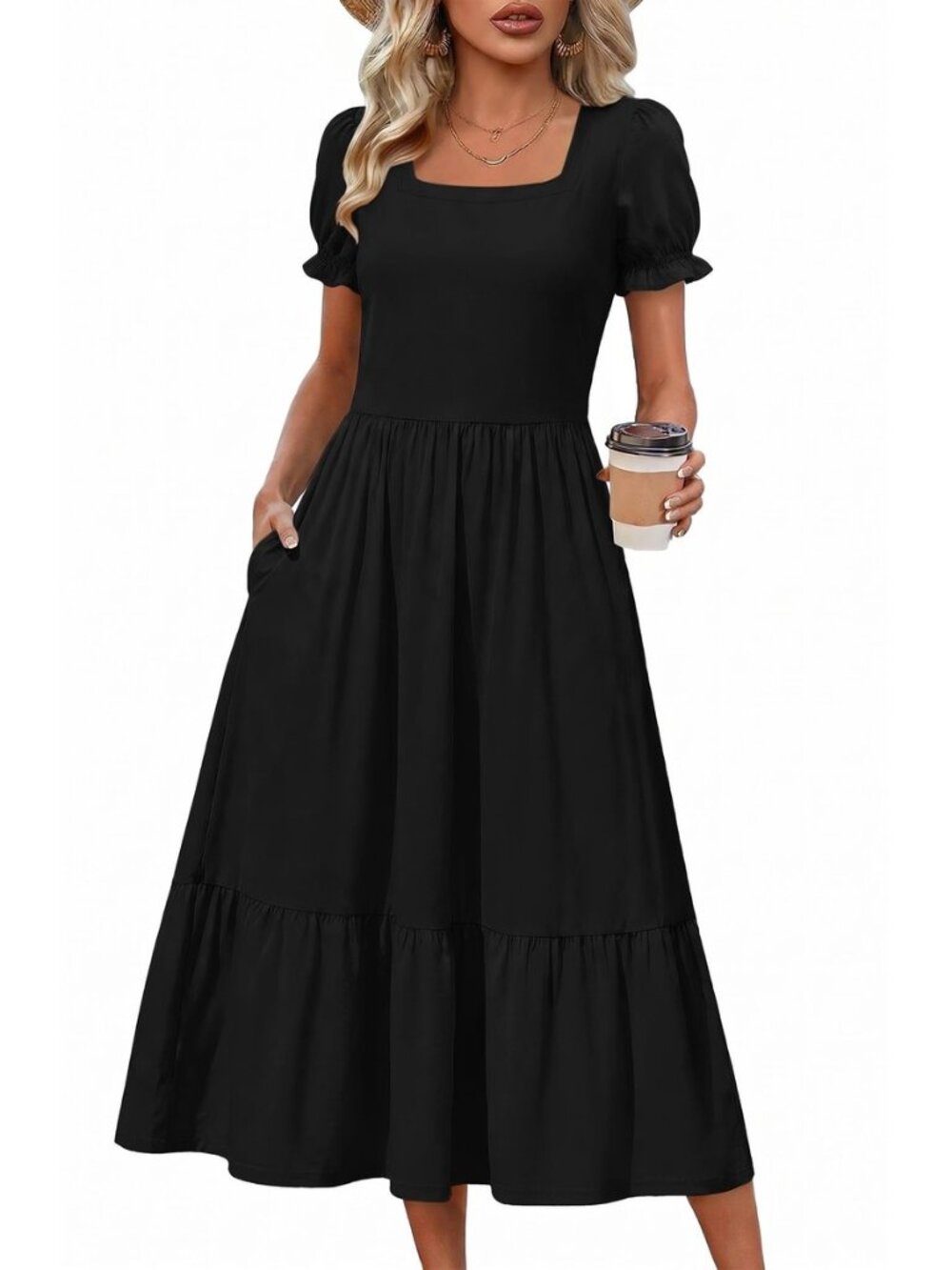 Summer Dresses for Women Flowy Casual Midi Dress Short Sleeve Tiered Dress Beach